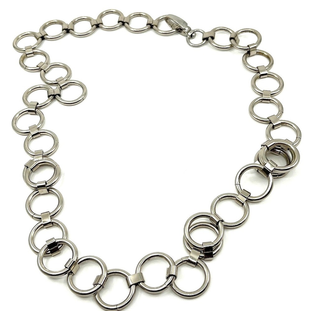 Vintage Retro Silver Tone Bold Chunky O-Ring Linked Chain Belt Necklace Lobster